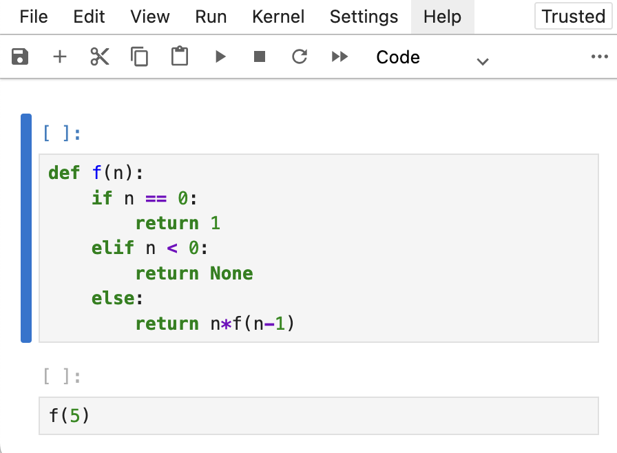 Screenshot of a Jupyter Notebook session where one cell defines a function for the Fibonacci series